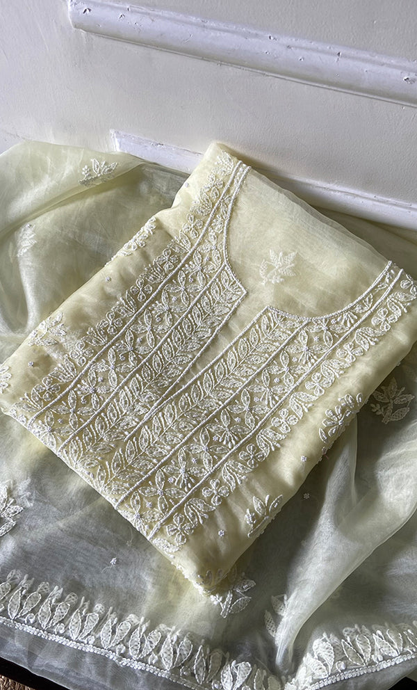 Women's Lakhnavi Handcrafted Organza Chikankari Unstitched Full Suit Material - HONC0287044