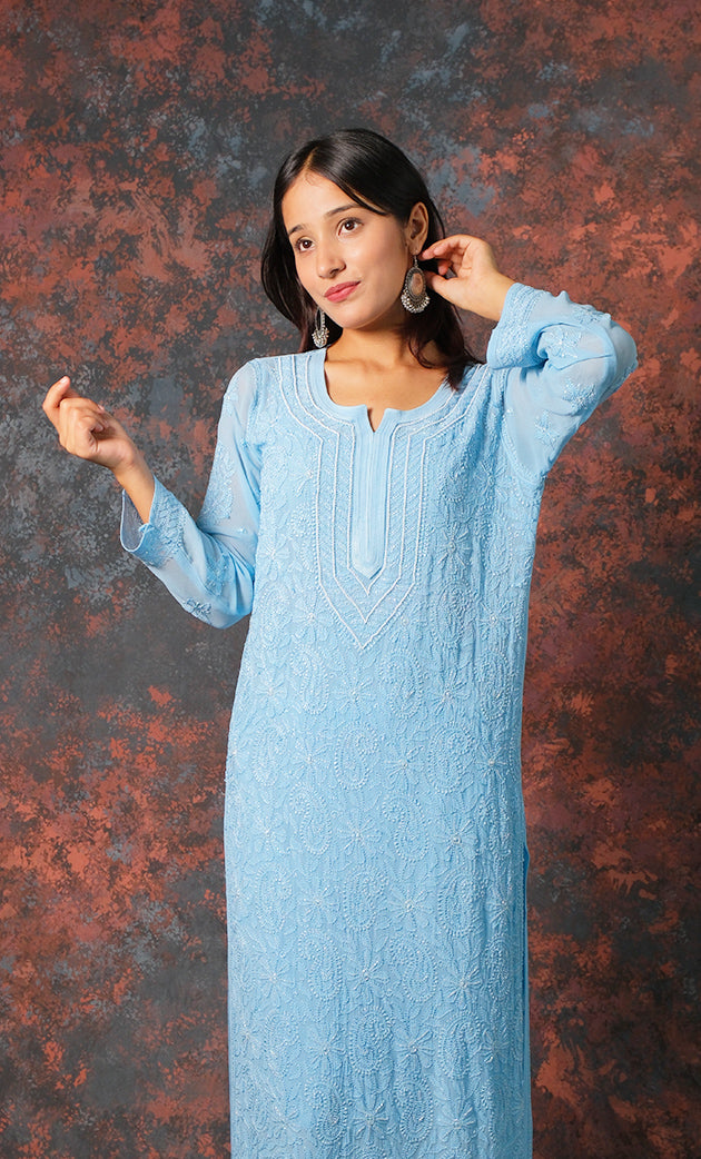 Fareeha Women's Lakhnavi Handcrafted Viscose Georgette Chikankari Kurti - HONC0318837