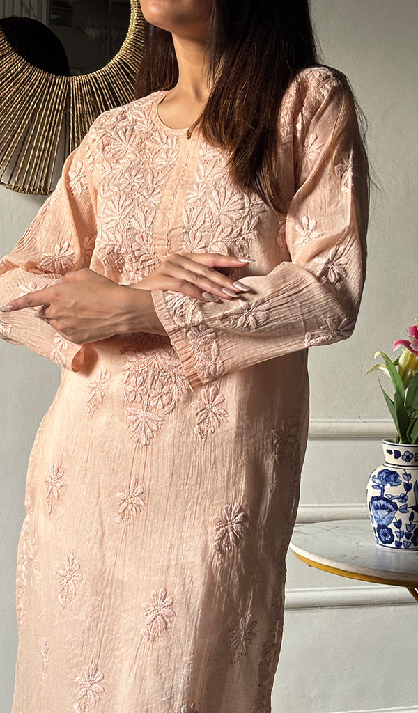 Women's Lucknowi Handcrafted Mul Chanderi Chikankari Kurti - HONC0308031
