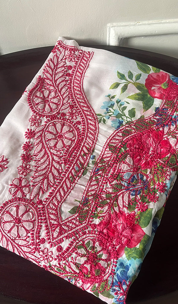 Women's Lakhnavi Handcrafted Cotton Chikankari Unstitched Kurti Fabric - HONC0284315