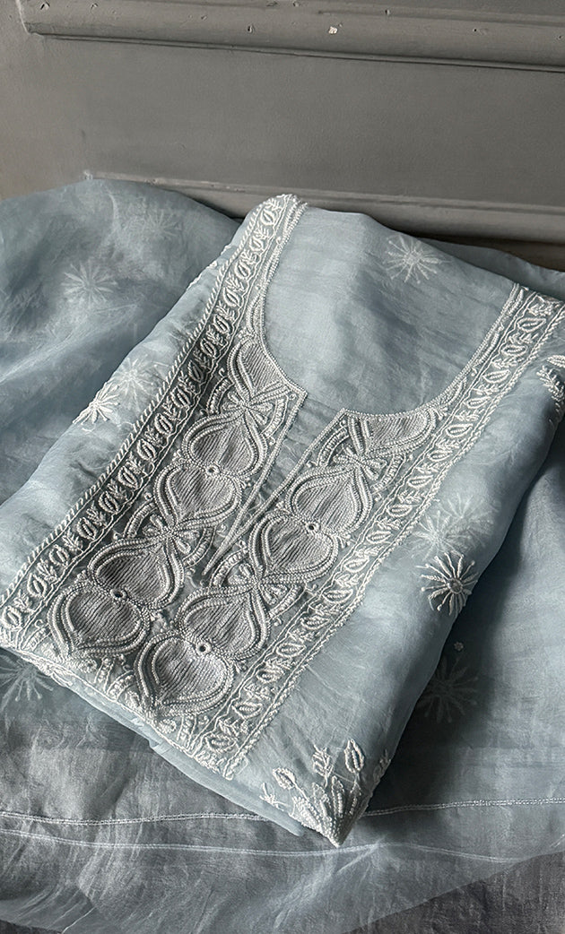 Women's Lakhnavi Handcrafted Pure Organza Chikankari Unstitched Kurta And Dupatta Set- HONC0304487