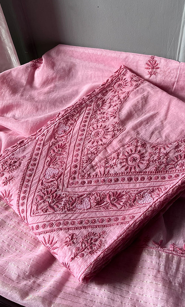 Women's Lakhnavi Handcrafted Mul Chanderi Semi - Stitched Angrakha And Dupatta Set - HONC0304464