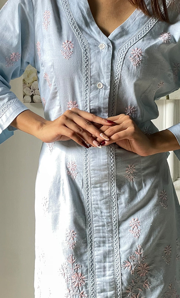 Women's Lucknowi Handcrafted Cotton Chikankari Long Dress - HONC0309337