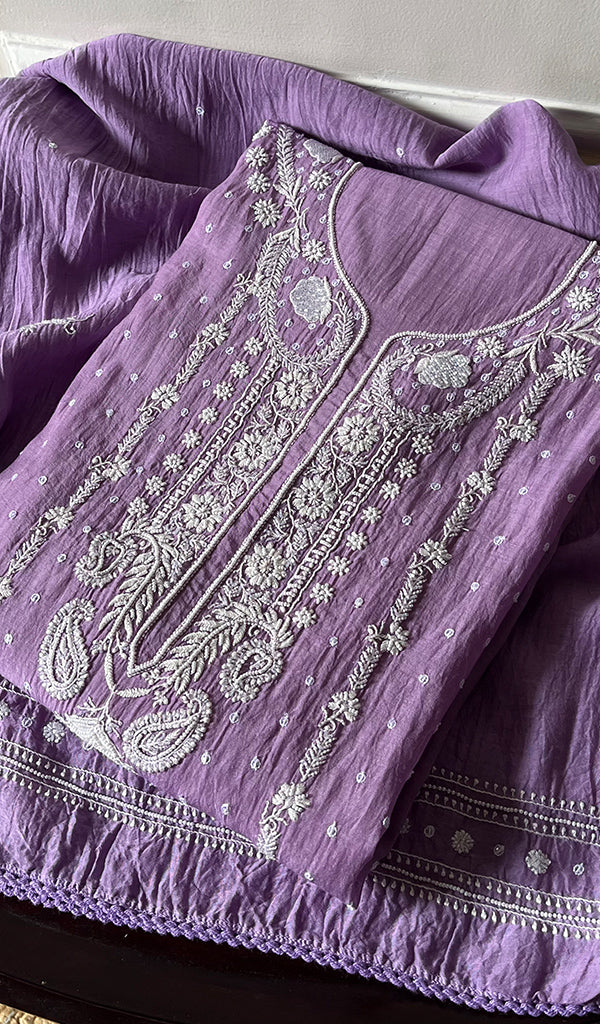 Hana Women's Lakhnavi Handcrafted Mul Chanderi Semi - Stitched Kurta And Dupatta Set - HONC0290063