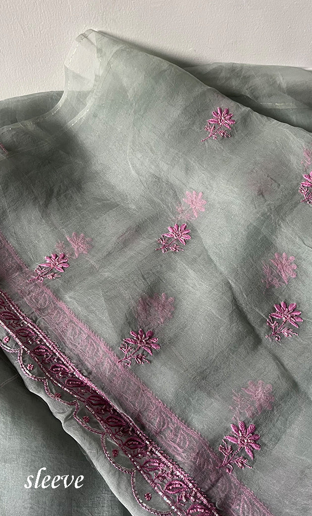 Gulaab Women's Lakhnavi Handcrafted Pure Organza Chikankari Unstitched Kurta And Dupatta Set - HONC0311847