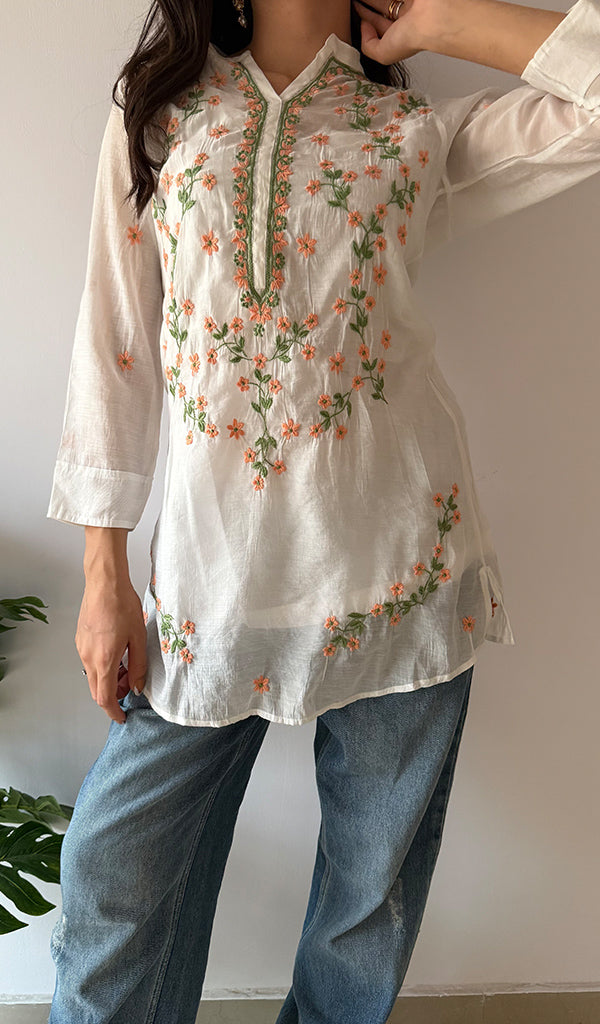 Sophia Women's Lakhnavi Handcrafted Mul Chanderi Chikankari Top - HONC0373010