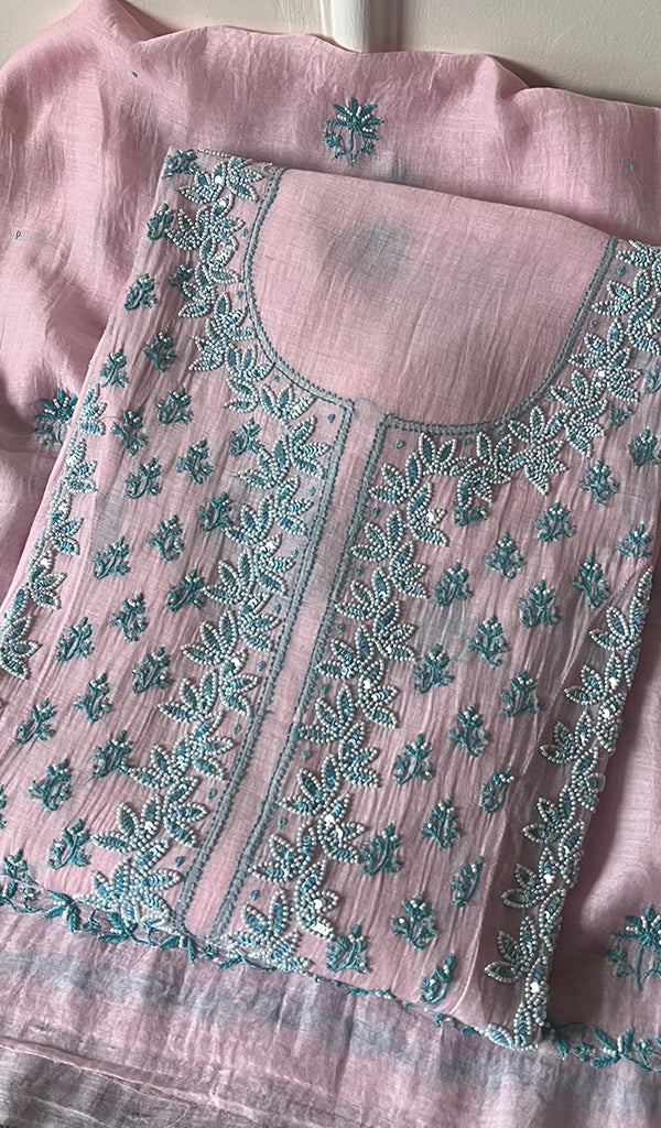 Saziya Women's Lakhnavi Handcrafted Mul Chanderi Semi - Stitched Kurta And Dupatta Set - HONC0246405