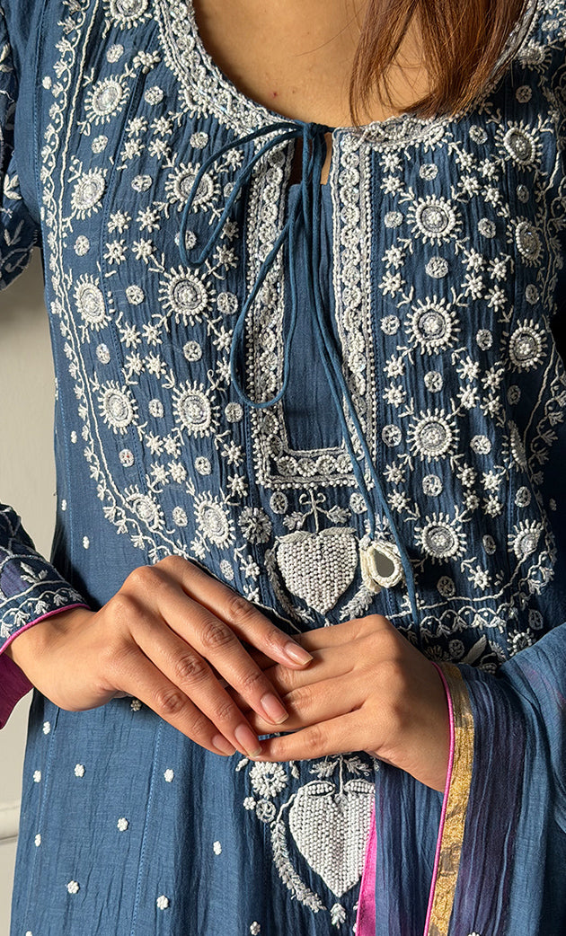 Women's Lakhnavi Handcrafted Mul Chanderi Chikankari Stitched Anarkali, Dupatta And Pant Set - HONC0328257