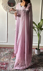 Load image into Gallery viewer, Women's Lakhnavi Handcrafted Mul Chanderi Chikankari Stitched Kurta, Dupatta And Pant Set - HONC0321277