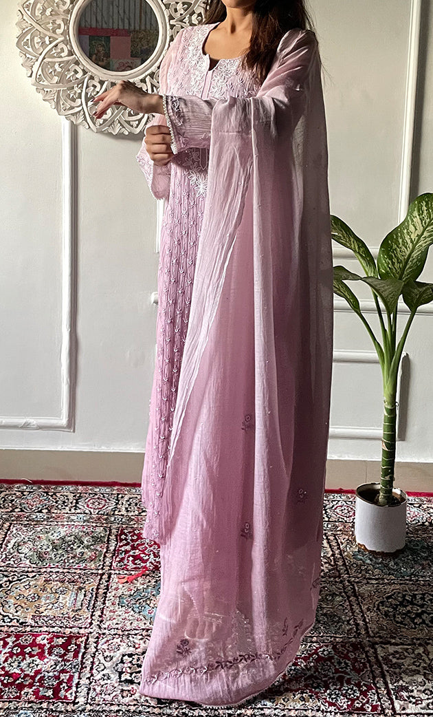 Women's Lakhnavi Handcrafted Mul Chanderi Chikankari Stitched Kurta, Dupatta And Pant Set - HONC0321277