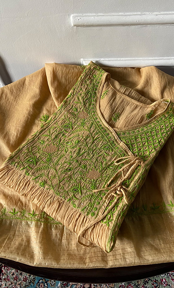Women's Lakhnavi Handcrafted Mul Chanderi Semi - Stitched Angrakha And Dupatta Set - HONC0326283