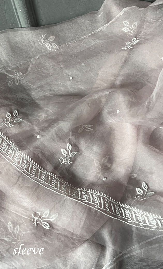 Women's Lakhnavi Handcrafted Pure Organza Chikankari Unstitched Kurta And Dupatta Set- HONC0304478