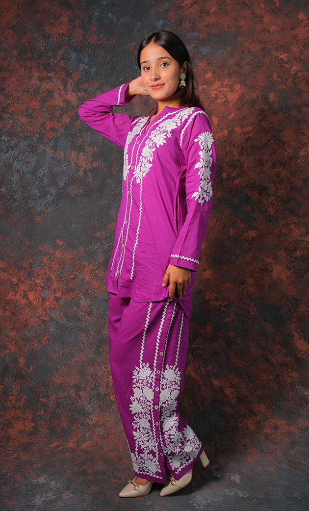 khayal Women's Lakhnavi Handcrafted Cotton Chikankari Kurti And Plazzo Set - HONC0323928