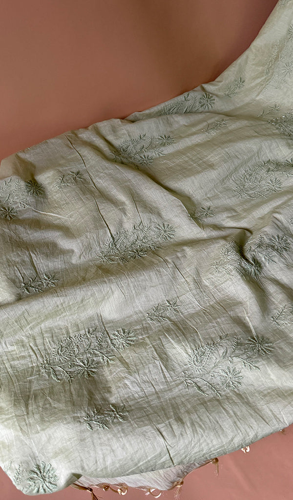 Women's Lakhnavi Handcrafted Mul Chanderi Unstitched Chikankari Full Suit Material - HONC0370486