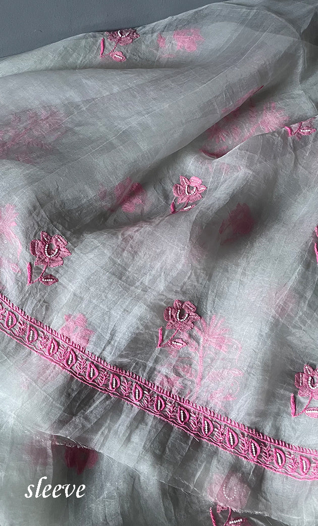 Women's Lakhnavi Handcrafted Pure Organza Chikankari Unstitched Kurta And Dupatta Set- HONC0303193