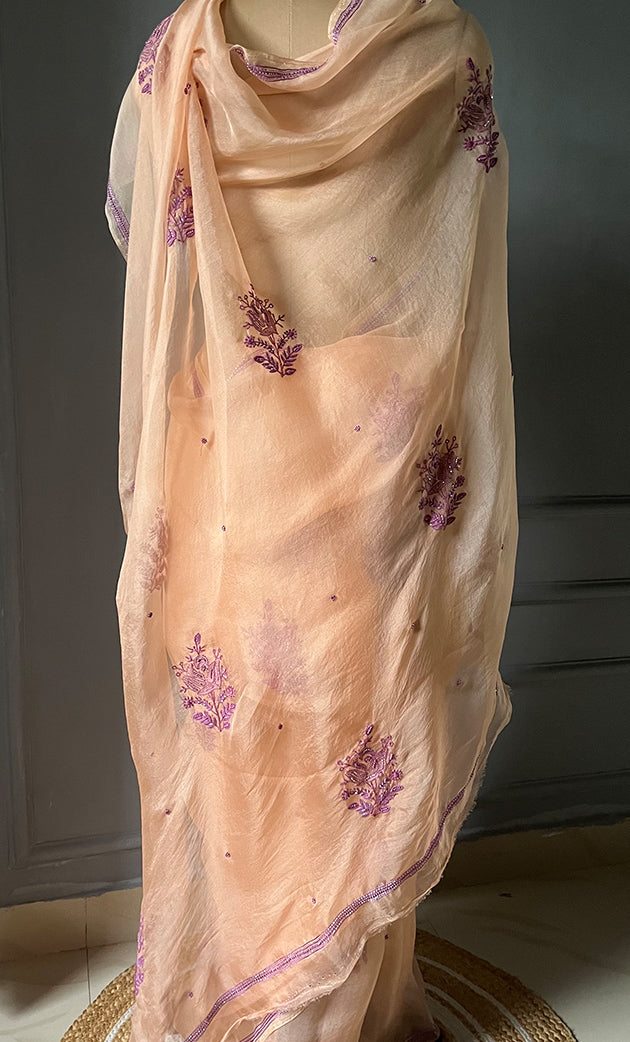 Women's Lucknowi Handcrafted Pure Organza Silk Chikankari Saree - HONC0294409