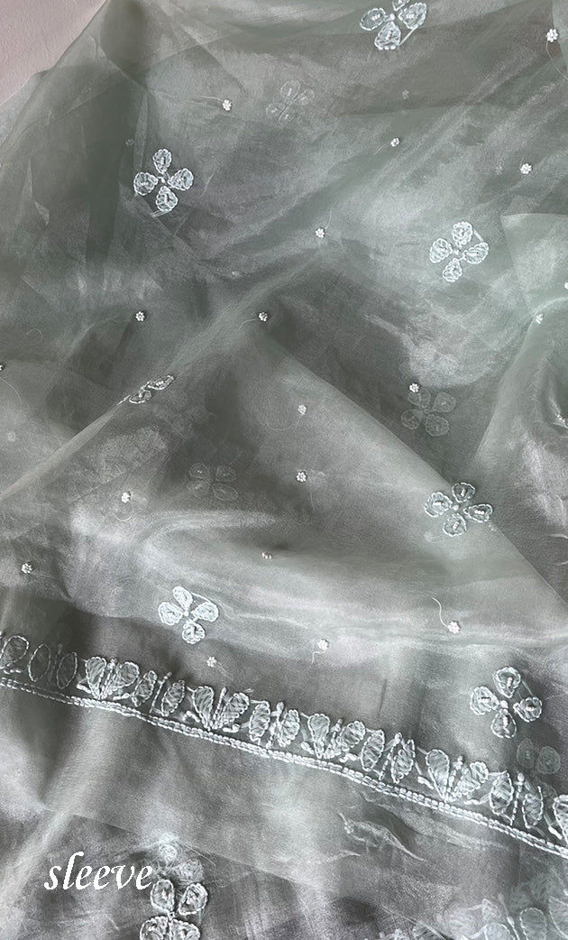 Women's Lakhnavi Handcrafted Organza Chikankari Unstitched Full Suit Material - HONC0287038