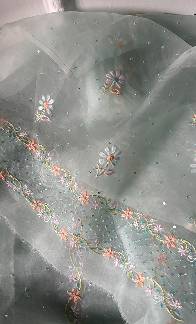 Women's Lakhnavi Handcrafted Pure Organza Chikankari Unstitched Kurta And Dupatta Set- HONC0323650