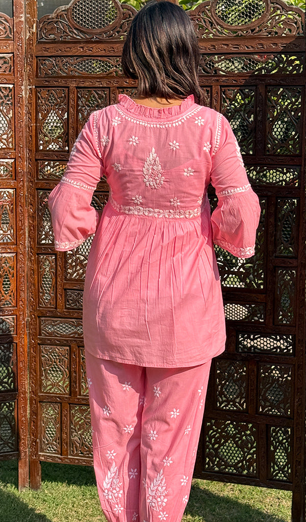 Women's Lakhnavi Handcrafted Cotton Chikankari Kurta And Afghani pant Set - HONC0268714