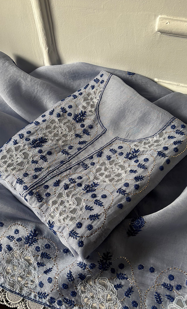 Women's Lakhnavi Handcrafted Pure Organza Chikankari Unstitched Kurta And Dupatta Set- HONC0320493
