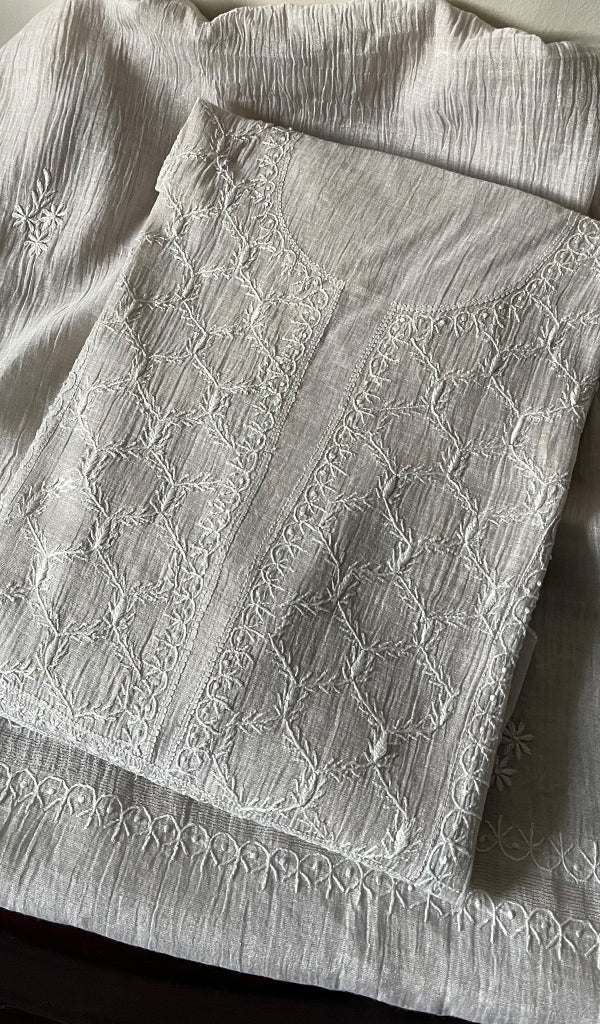 Women's Lucknowi Handcrafted Tissue Chanderi Chikankari Semi-Stitched Kurta and Dupatta Set- HONC0257414