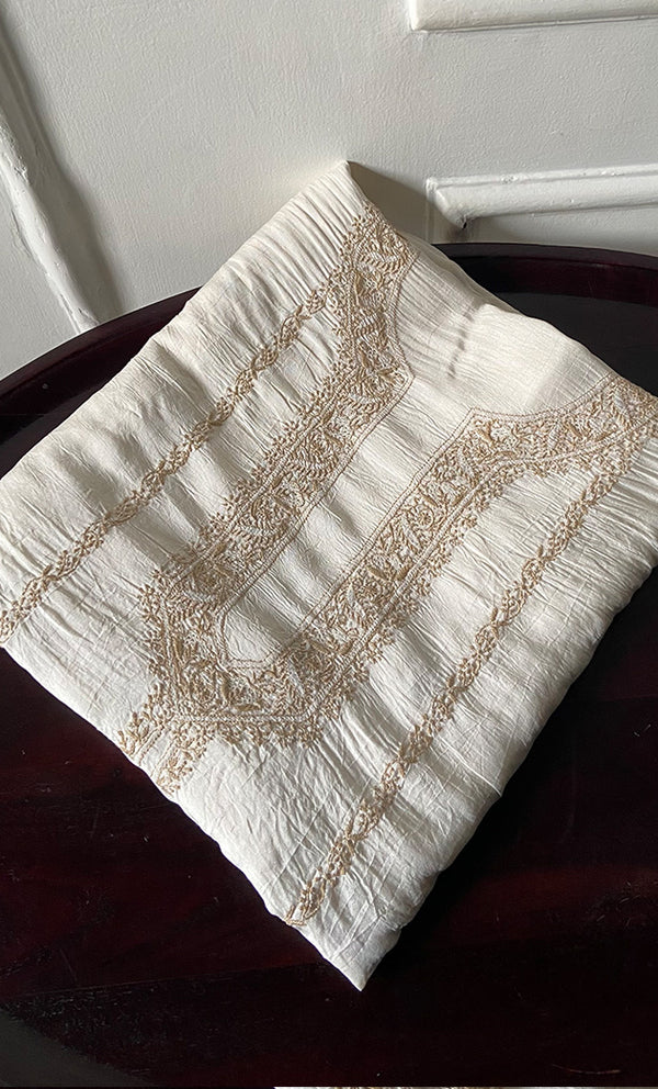 Lucknowi Handcrafted Munga Silk Unstitched Chikankari Unisex Kurta Fabric - HONC0331673