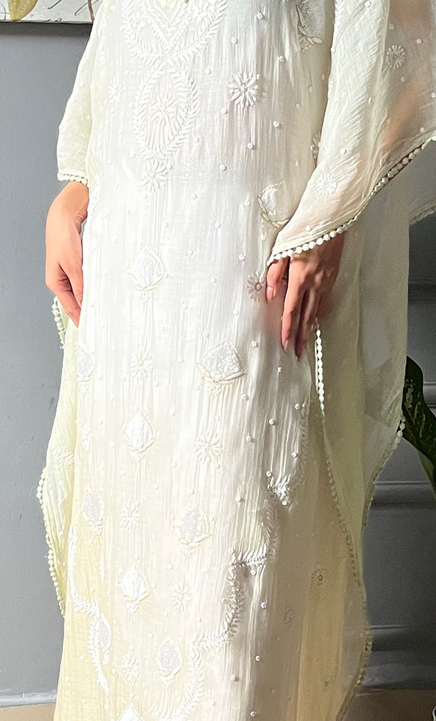 Rabia Women's Lucknowi Handcrafted Mul chanderi Chikankari Kaftan - HONC0304365