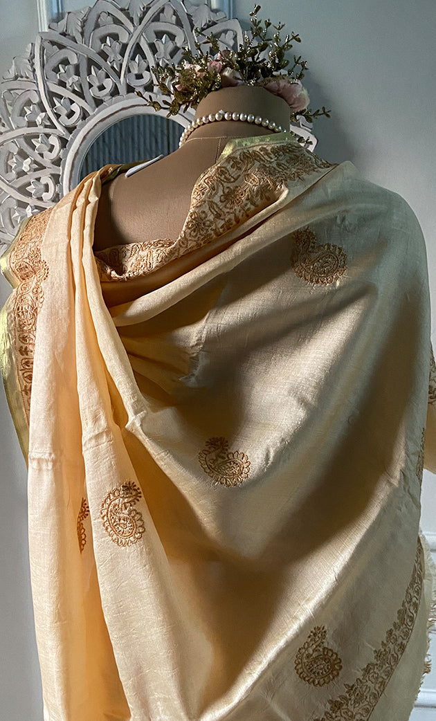 Women's Lakhnavi Handcrafted Tussar Silk Chikankari Saree - HONC0245787