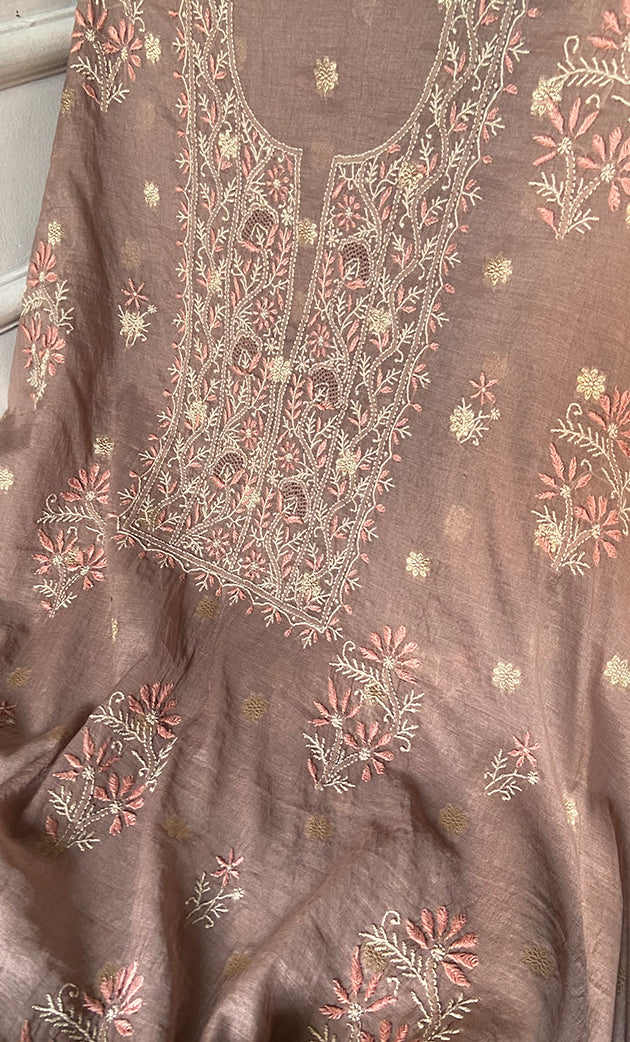 Women's Lakhnavi Handcrafted Mul Chanderi Unstitched Chikankari Full Suit Material - HONC0316857