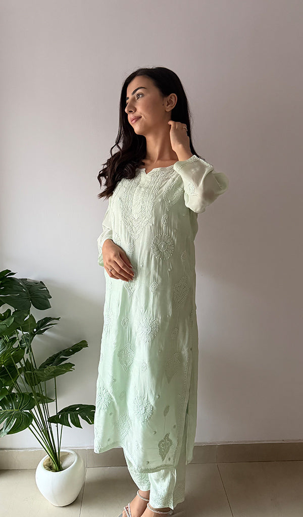 Women's Lakhnavi Handcrafted Modal Cotton Chikankari Kurti And Plazzo Set - HONC0371337
