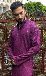 Load image into Gallery viewer, Men&#39;s Faux-Georgette Hakoba Kurta - HONC0322895
