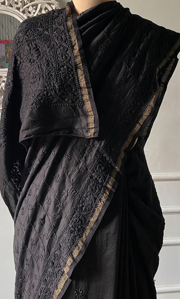 Women's Lakhnavi Handcrafted Chanderi Silk Chikankari Saree - HONC0340413