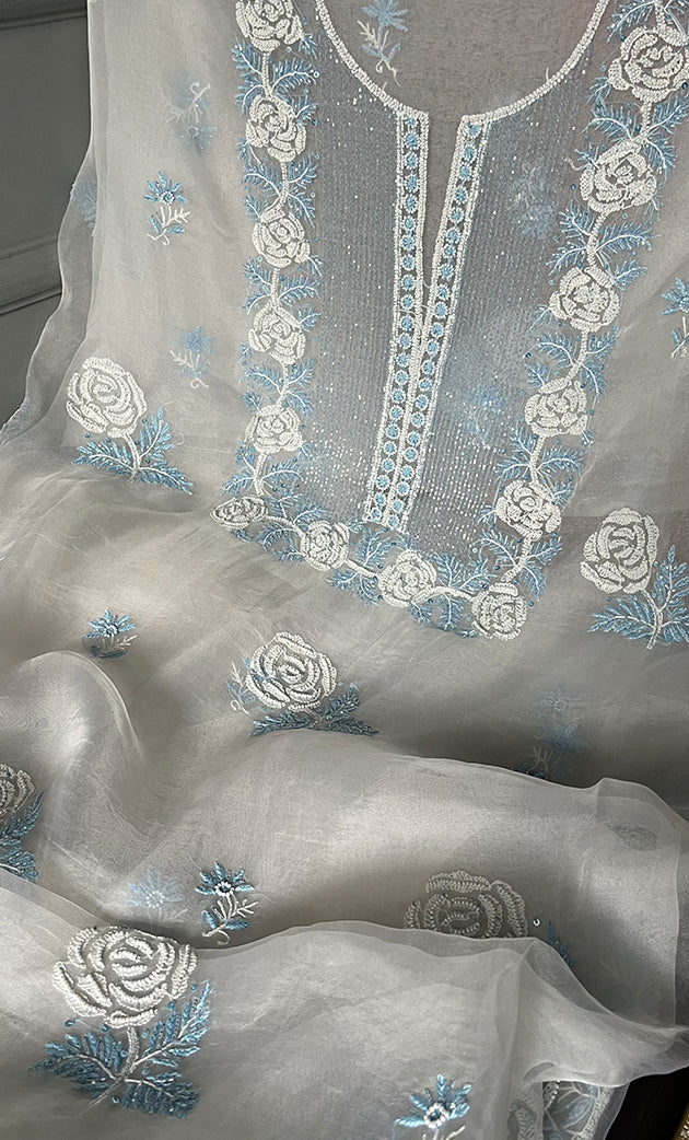 Women's Lakhnavi Handcrafted Pure Organza Chikankari Unstitched Kurta And Dupatta Set- HONC0305195