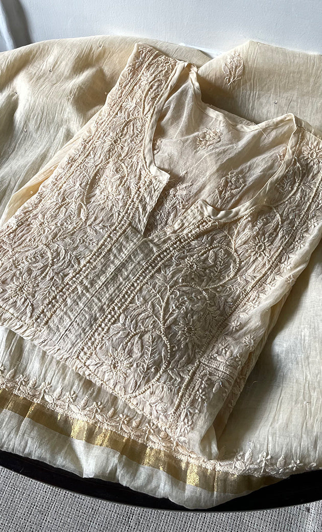 Women's Lakhnavi Handcrafted Mul Chanderi Semi - stitched Chikankari Full Suit Material - HONC0319556