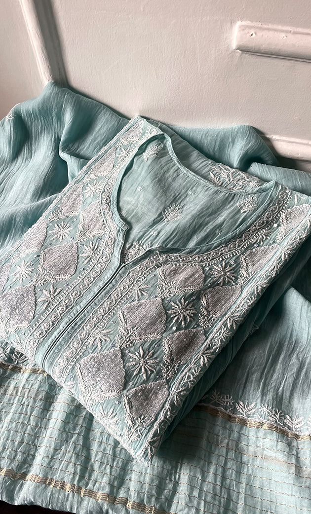 Women's Lakhnavi Handcrafted Mul Chanderi Semi - stitched Chikankari Full Suit Material - HONC0323621