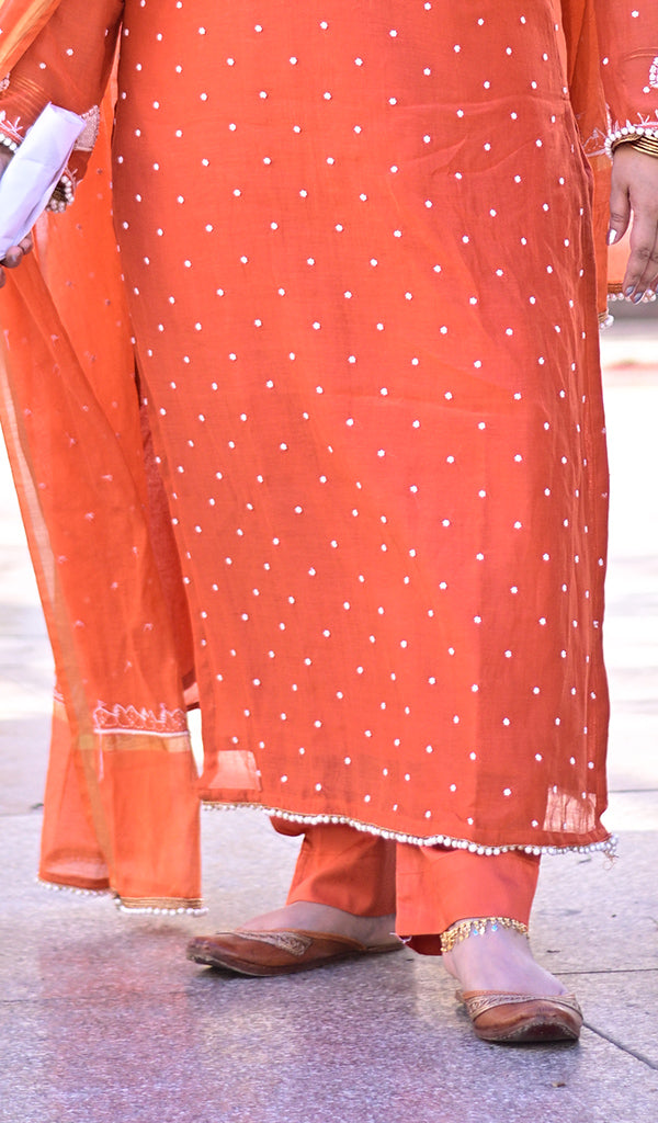 Jazba Women's Lakhnavi Handcrafted Mul Chanderi Chikankari Stitched Kurta, Dupatta And Pant Set - HONC04964656