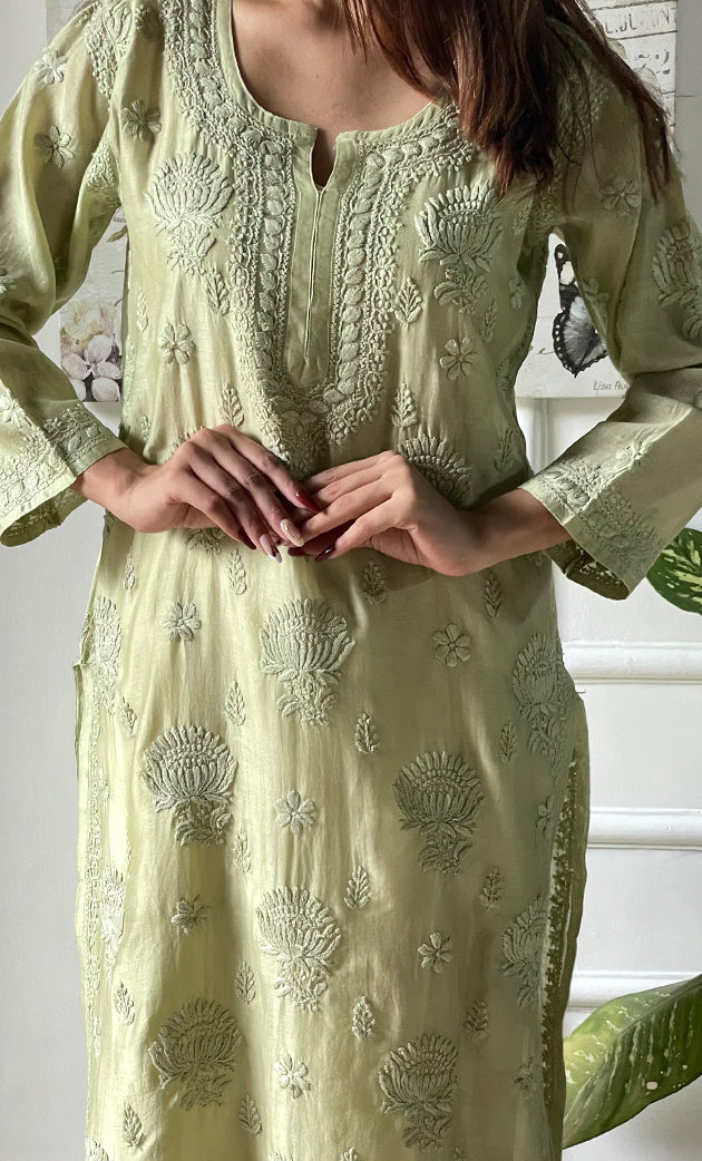Sufi Women's Lucknowi Handcrafted Chanderi Silk Chikankari Kurti - HONC0141536