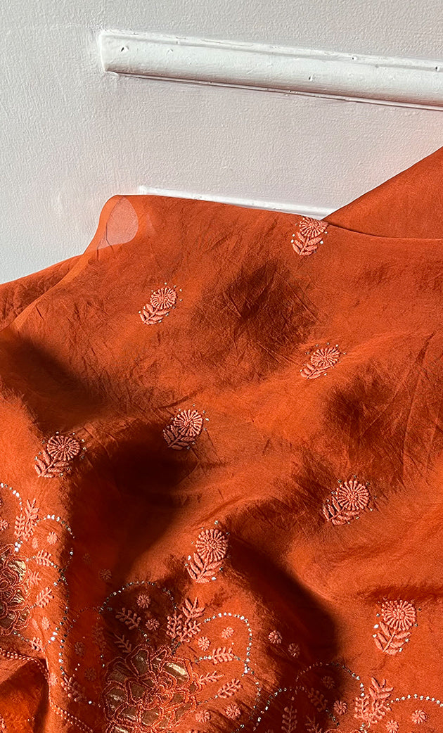 Mainaaj Women's Lakhnavi Handcrafted Pure Organza Chikankari Unstitched Kurta And Dupatta Set - HONC0330938