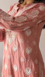 Load image into Gallery viewer, Women's Lucknowi Handcrafted Mul Chanderi Stitched Chikankari Kurta And Plazzo Set- HONC0378780