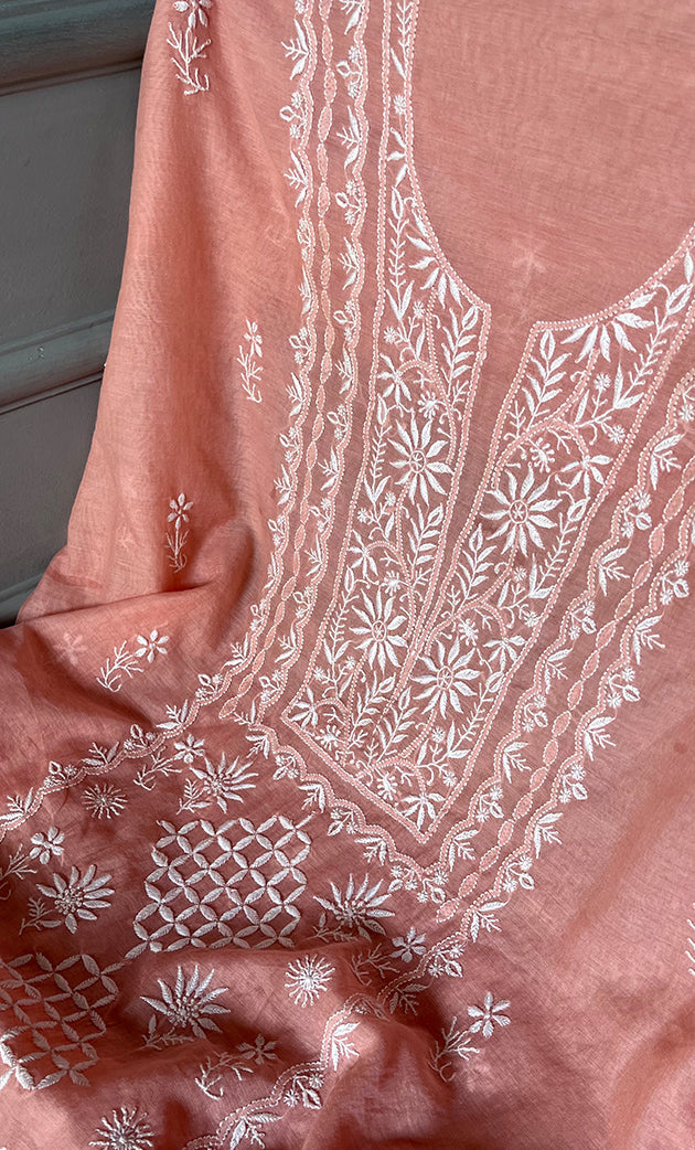 Women's Lakhnavi Handcrafted Mul Chanderi Chikankari Full Suit Material - HONC0307424