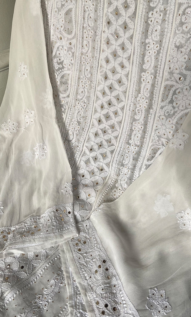 Women's Lucknowi Handcrafted Viscose Georgette Semi - Stitched Chikankari Anarkali and Dupatta Set- HONC0339070