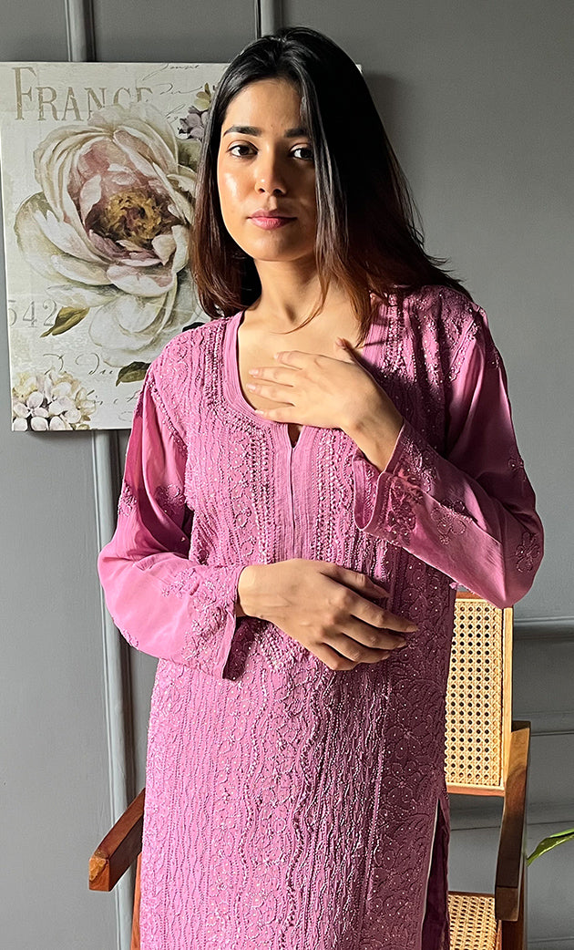 Women's Lakhnavi Handcrafted Viscose Georgette Chikankari Kurti- HONC0282699
