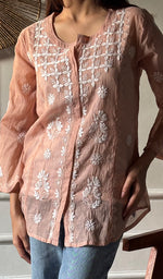 Load image into Gallery viewer, Vaanya Women's Lakhnavi Handcrafted Mul Chanderi Chikankari Top - HONC0334143