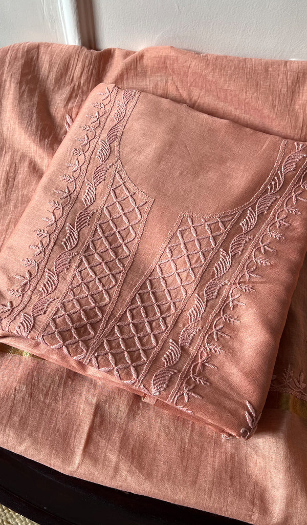 Women's Lucknowi Handcrafted Chanderi Silk Chikankari Suit Material - HONC0265288