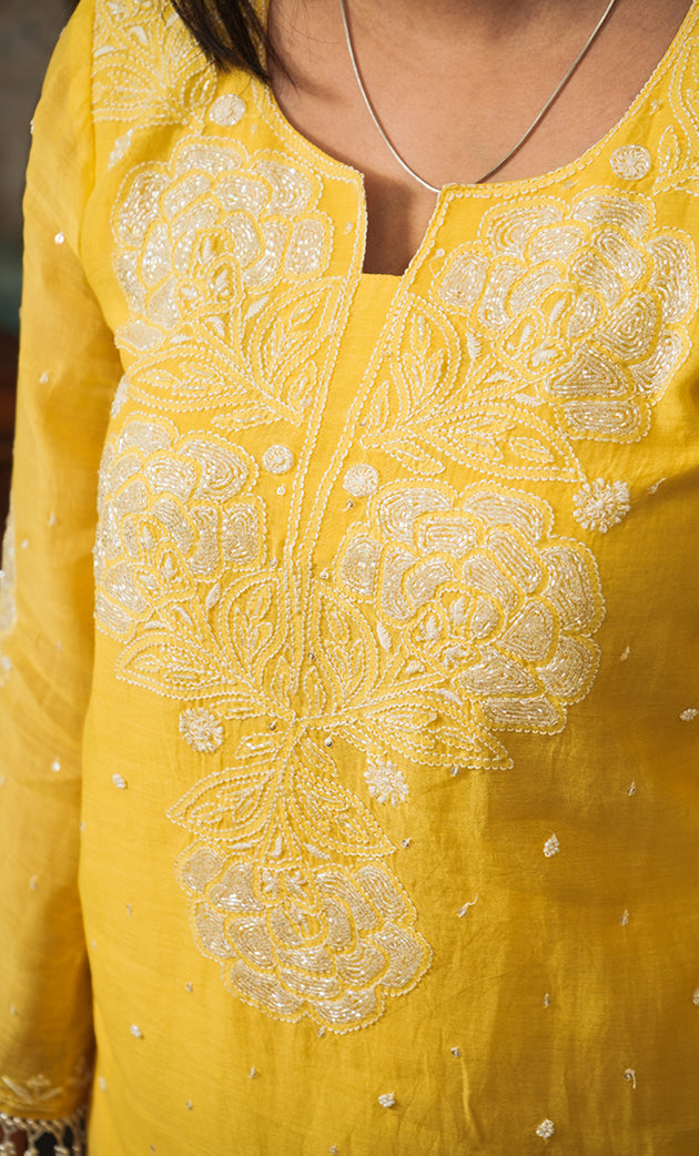 Women's Lakhnavi Handcrafted Mul Chanderi Chikankari Stitched Kurta, Dupatta And Pant Set - HONC0324261