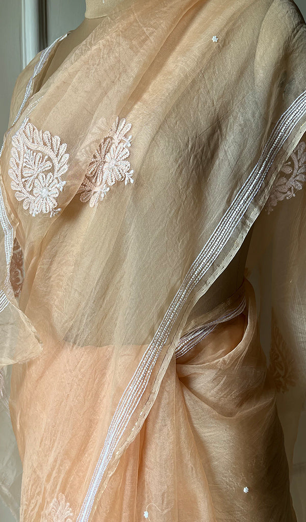 Women's Lucknowi Handcrafted Pure Organza Silk Chikankari Saree - HONC0280965
