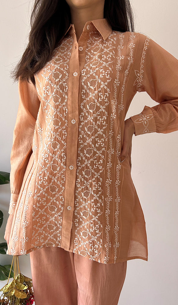 Sarah Women's Lakhnavi Handcrafted Chanderi Silk Chikankari Top And Pant Set - HONC0332567