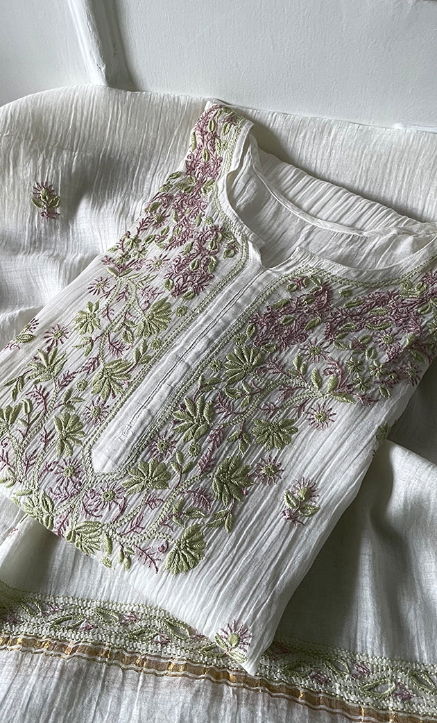 Women's Lakhnavi Handcrafted Mul Chanderi Semi - Stitched Kurta And Dupatta Set - HONC0314225