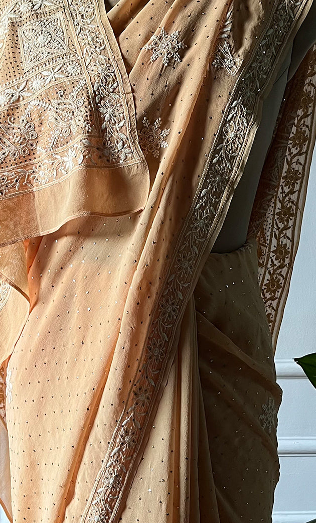 Women's Lakhnavi Handcrafted Pure Silk Georgette Chikankari Saree - HONC0274137