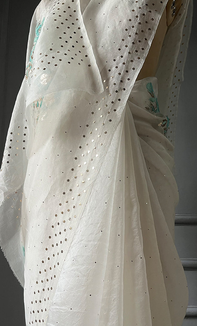 Women's Lucknowi Handcrafted Pure Organza Silk Chikankari Saree - HONC0307476